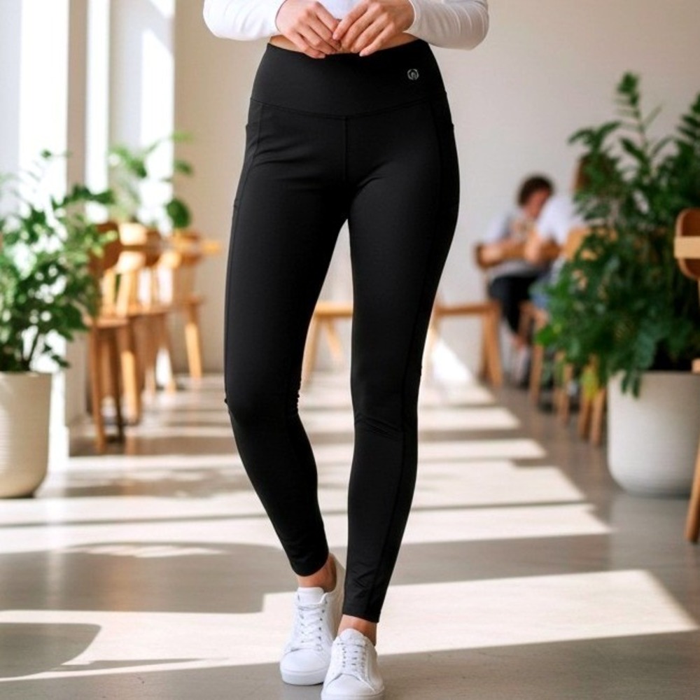 Sports Wear Womens High Waisted Active Leggings Black Side Pockets Size XL